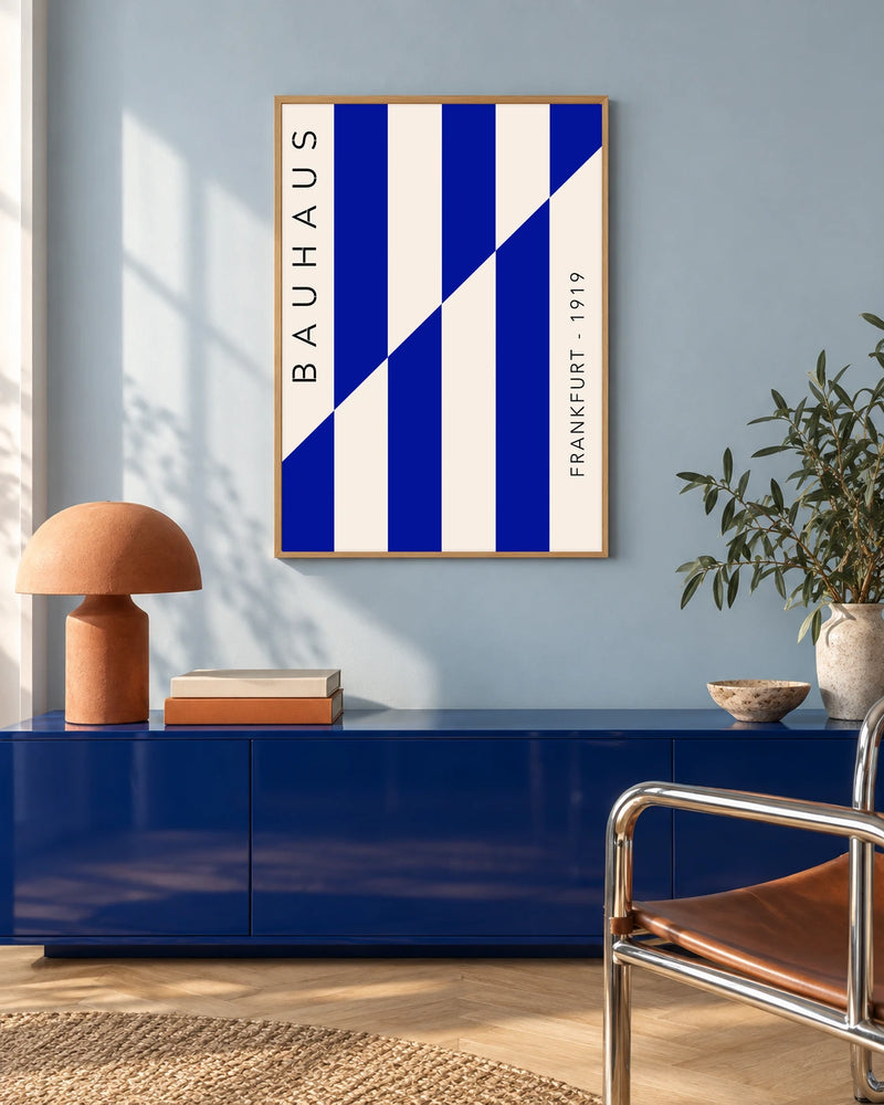 Bauhaus Blue Diagonals — styled room visualisation in a natural wood frame