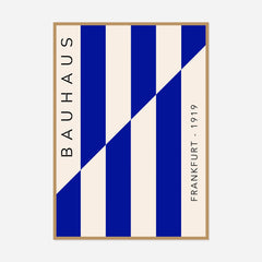 Bauhaus Blue Diagonals — front view in a natural wood frame