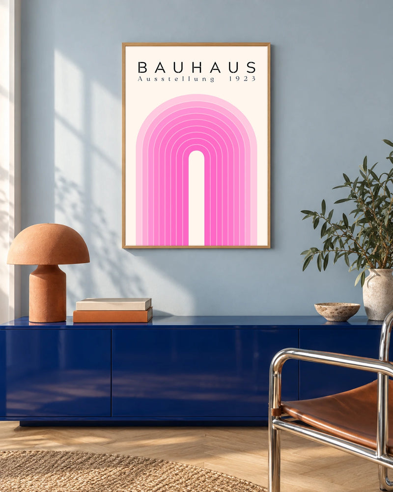 Bauhaus Pink Arch — styled room visualisation in a natural wood frame