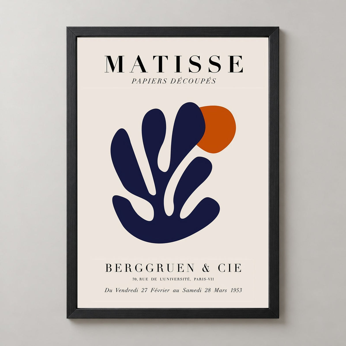 Papiers Découpés Matisse Print Navy Blue Coral — realistic black frame studio view