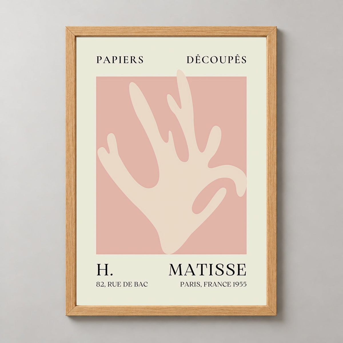 Papiers Découpés Pink Foliage H. Matisse Print (1955) — realistic natural wood frame studio view