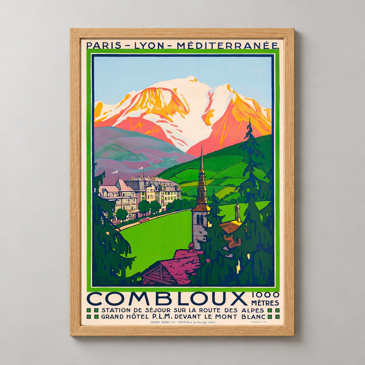 Combloux France Vintage Ski Poster - Vintage Travel Posters — realistic natural wood frame studio view