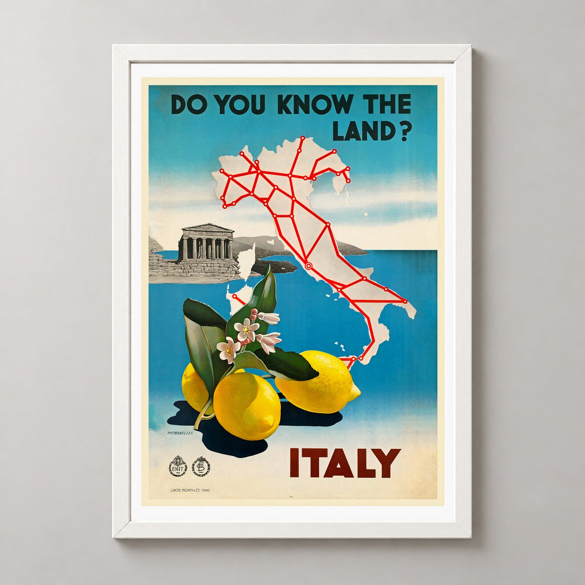 Italy Do You Know the Land Vintage Travel Print — realistic white frame studio view