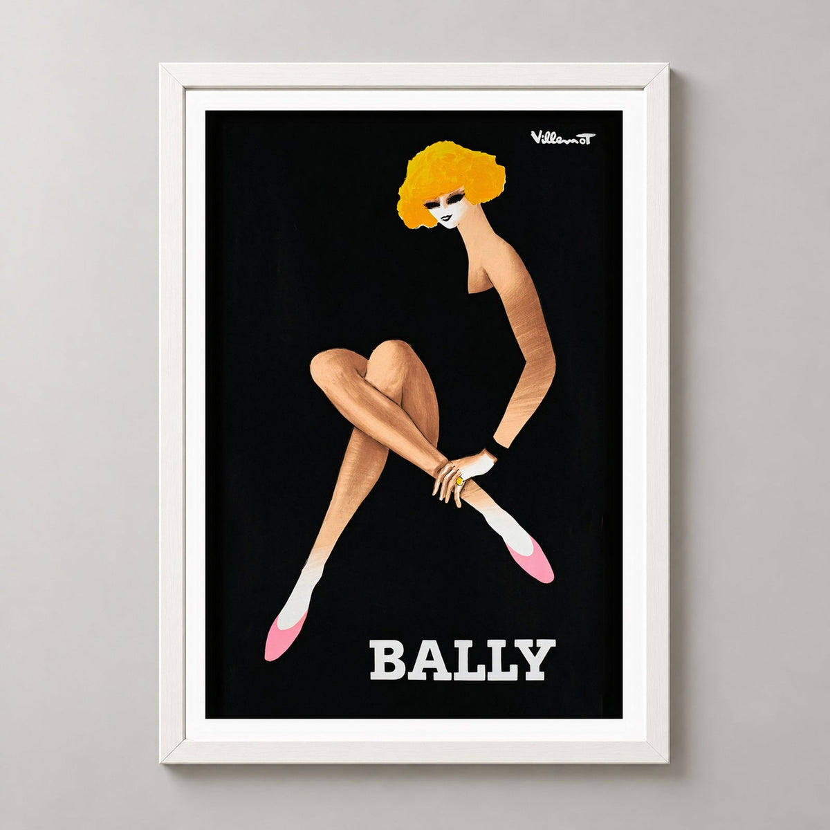 Bally Blonde Vintage Advertising Poster - Bernard Villemot — realistic white frame studio view