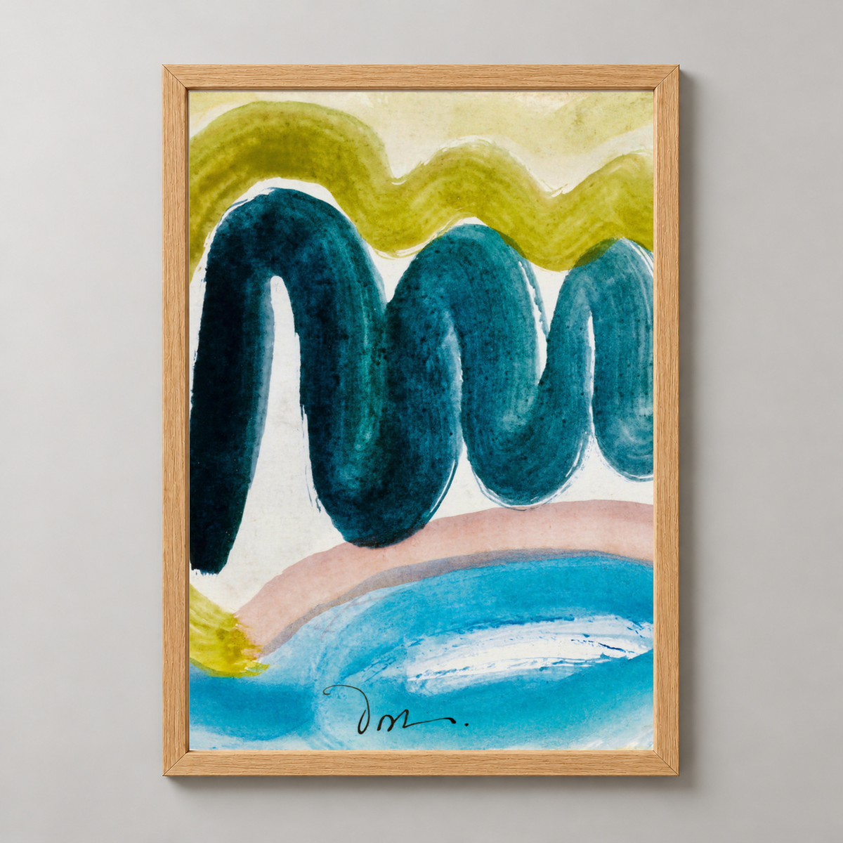 Colorful Abstract Landscape Art Print — realistic natural wood frame studio view
