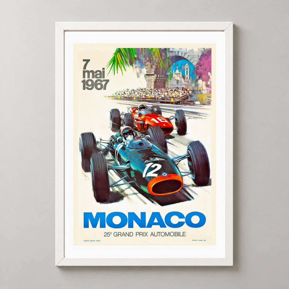 Monaco 25th Grand Prix Automobile 1967 Vintage Racing Poster — realistic white frame studio view