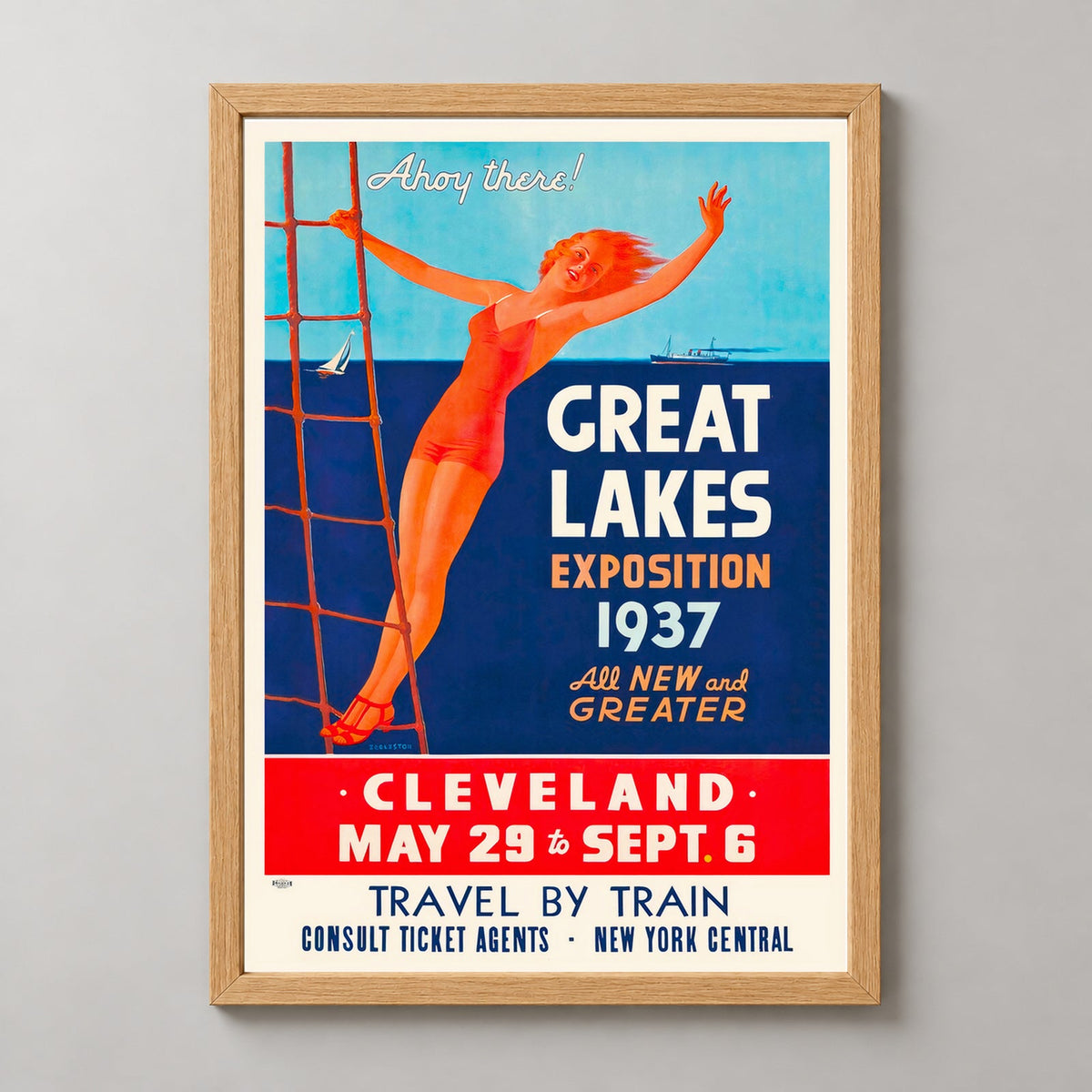 Great Lakes Exposition 1937 Cleveland Vintage Travel Poster — realistic natural wood frame studio view