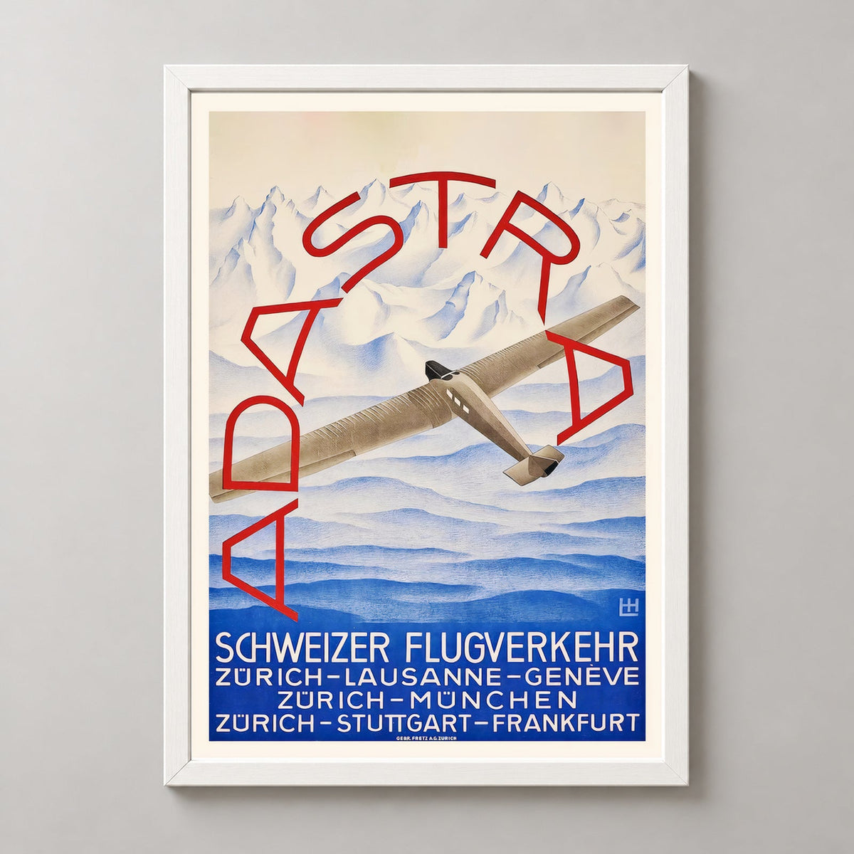 Ad Astra Aero Airline Traffic Zurich Lausanne Geneve Switzerland - Vintage Travel Poster — realistic white frame studio view