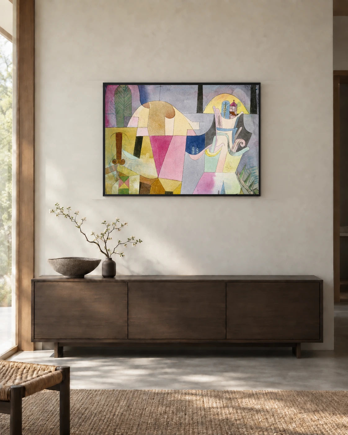 Black Columns in a Landscape — styled room visualisation in a black frame