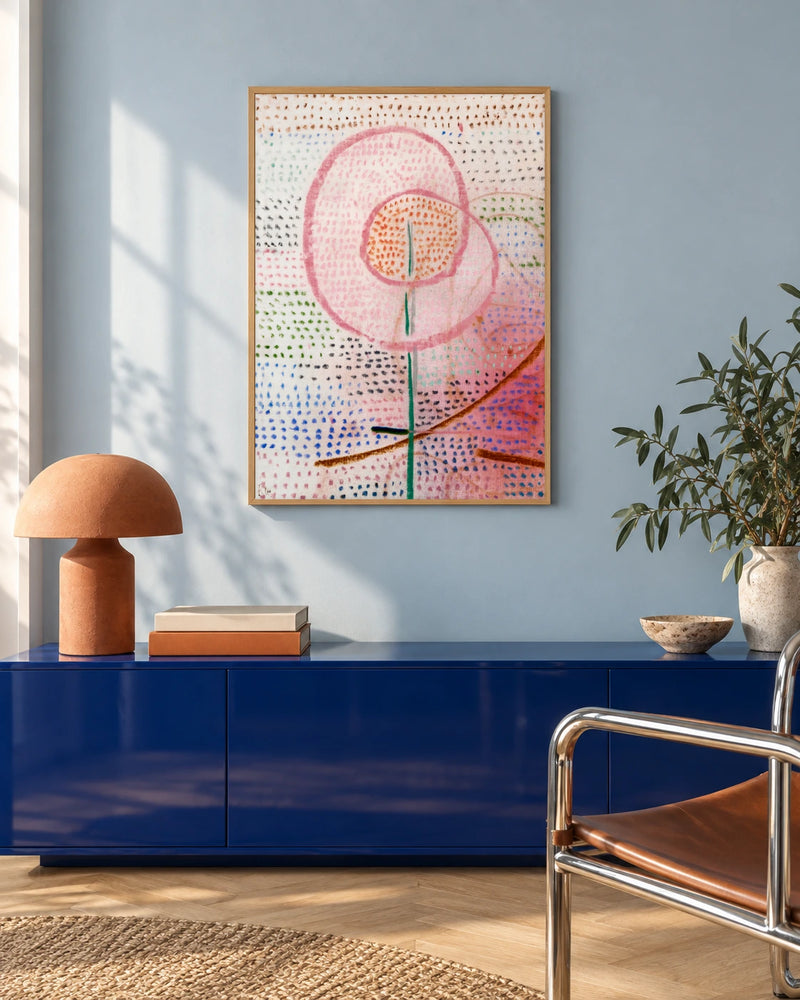 Blossoming — styled room visualisation in a natural wood frame