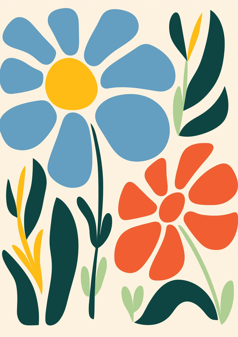 Blue and Coral Daisies — borderless A-series artwork