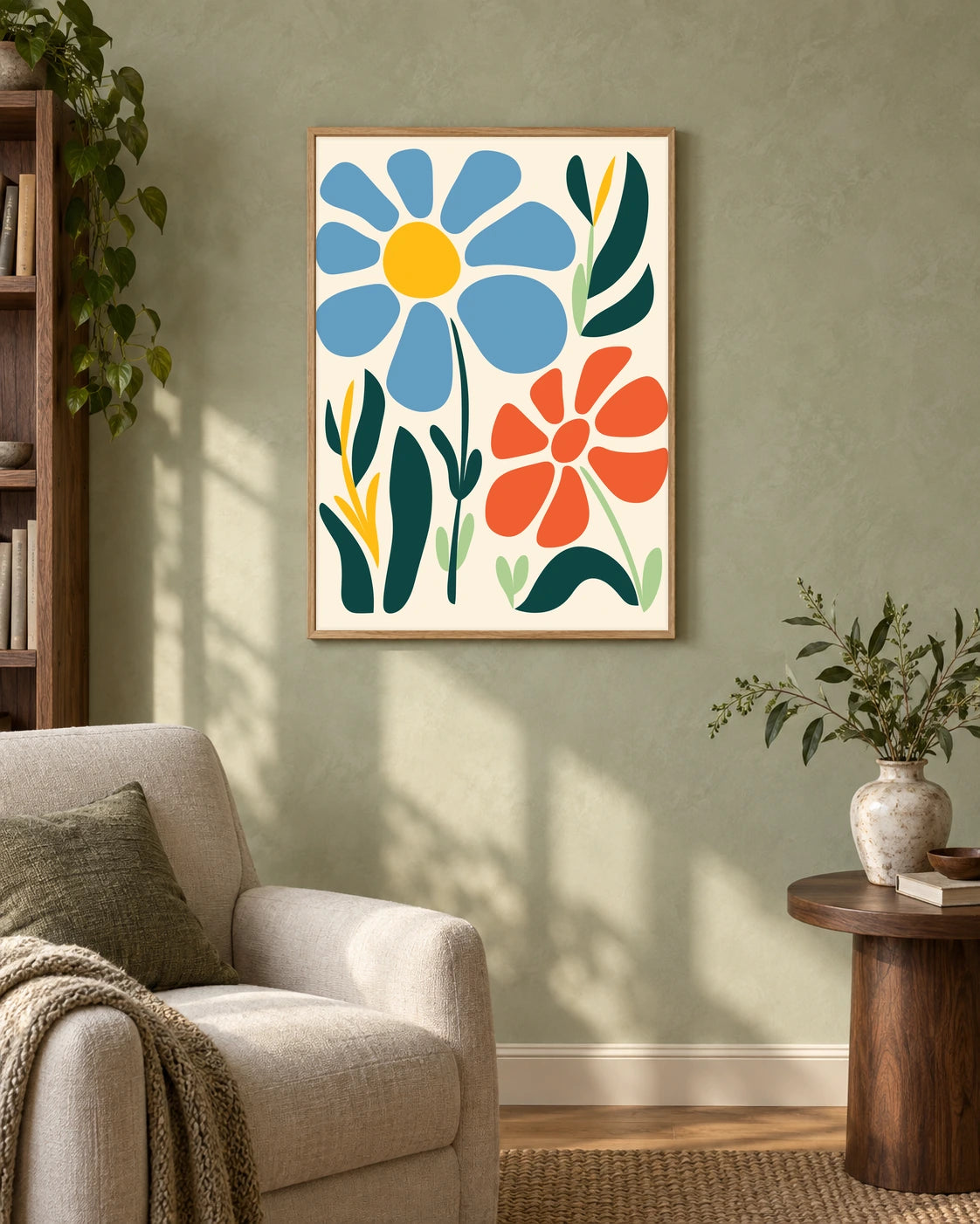 Blue and Coral Daisies Art Print in a styled interior