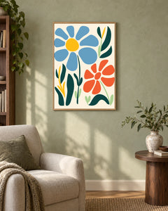 Blue and Coral Daisies — styled room visualisation in a natural wood frame
