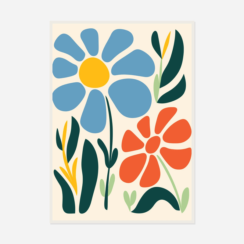 Blue and Coral Daisies — front view in a white frame