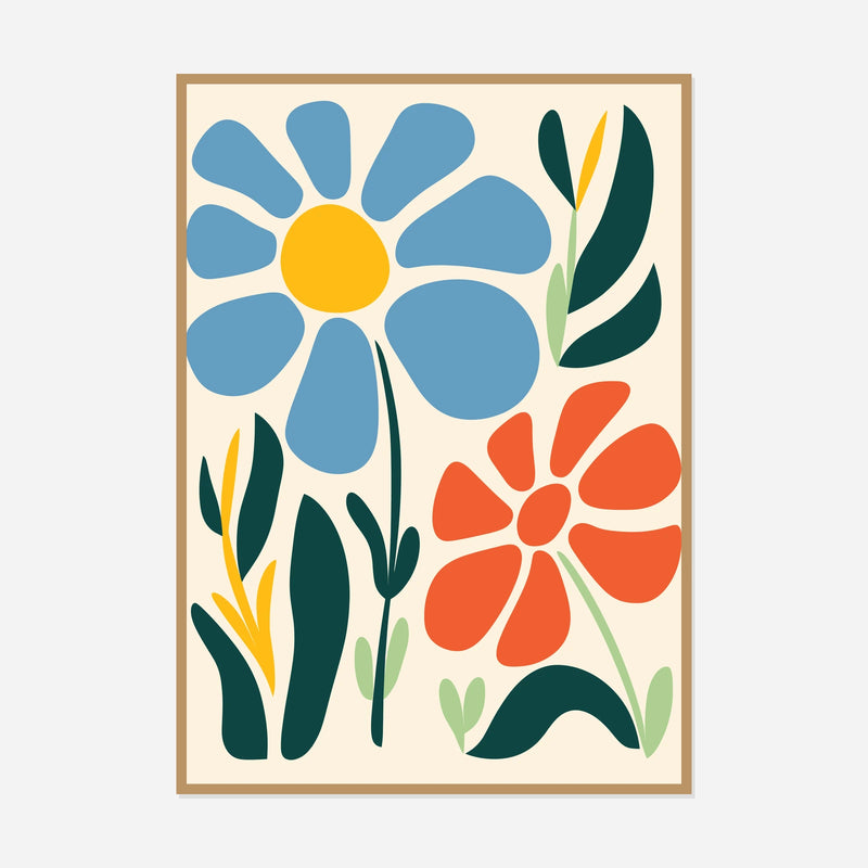 Blue and Coral Daisies — front view in a natural wood frame