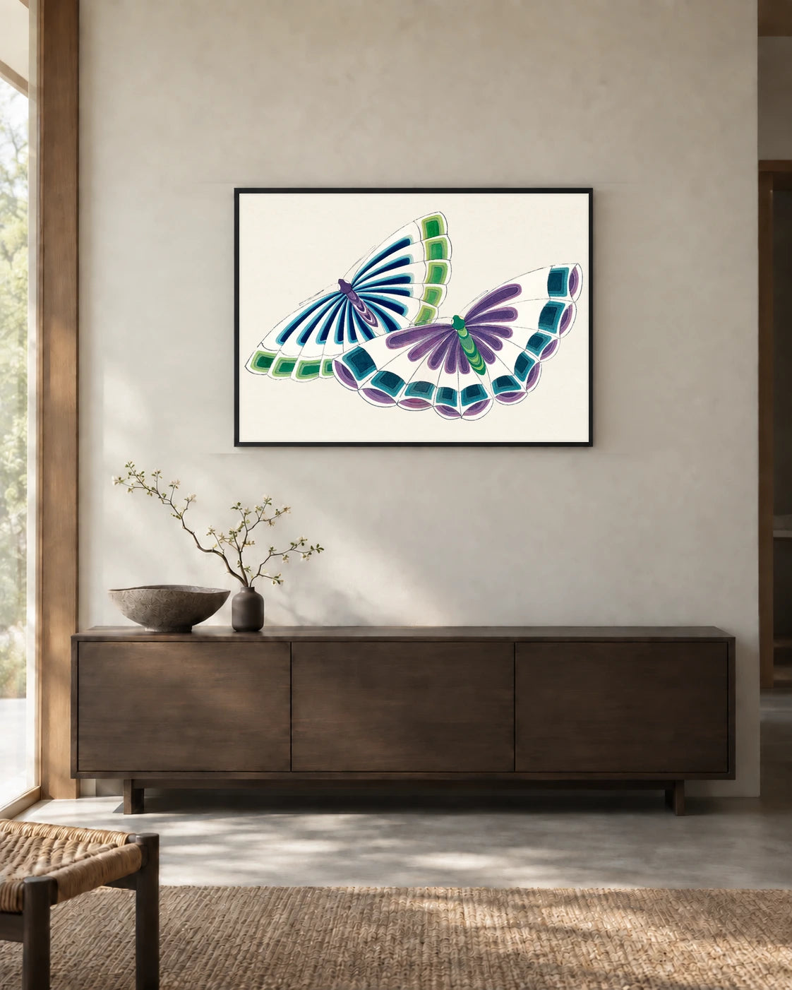 Blue and Green Butterflies — styled room visualisation in a black frame