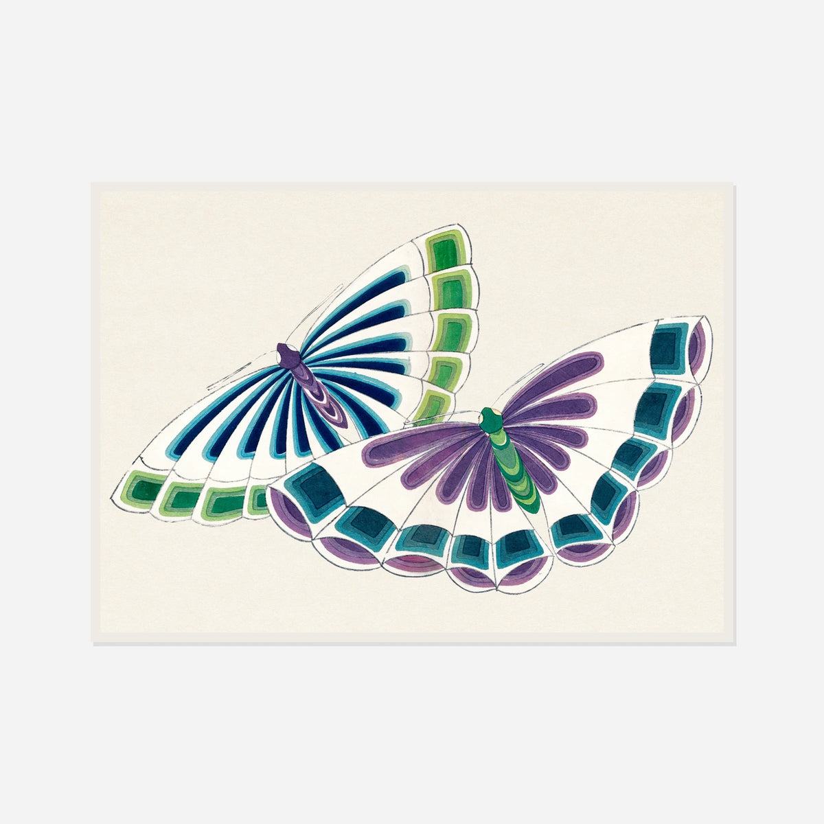 Blue and Green Butterflies — front view in a white frame