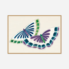 Blue and Green Butterflies — front view in a natural wood frame