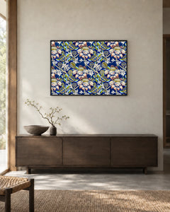 Blue and Pink Floral Pattern — styled room visualisation in a black frame