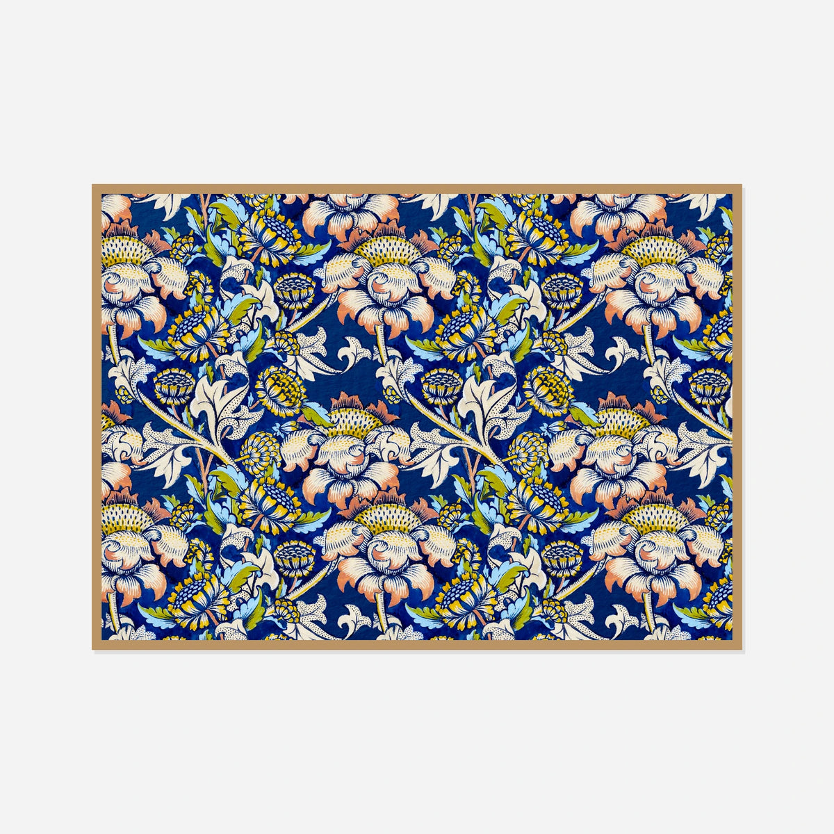 Blue and Pink Floral Pattern — front view in a natural wood frame