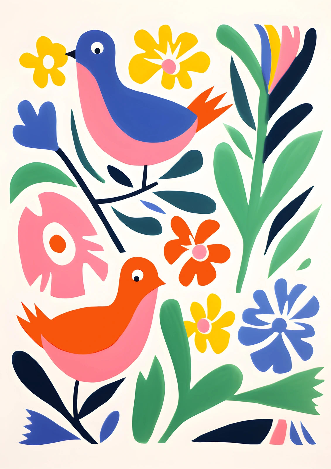 Blue and Red Folk Birds — borderless A-series artwork