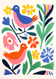 Blue and Red Folk Birds — borderless A-series artwork