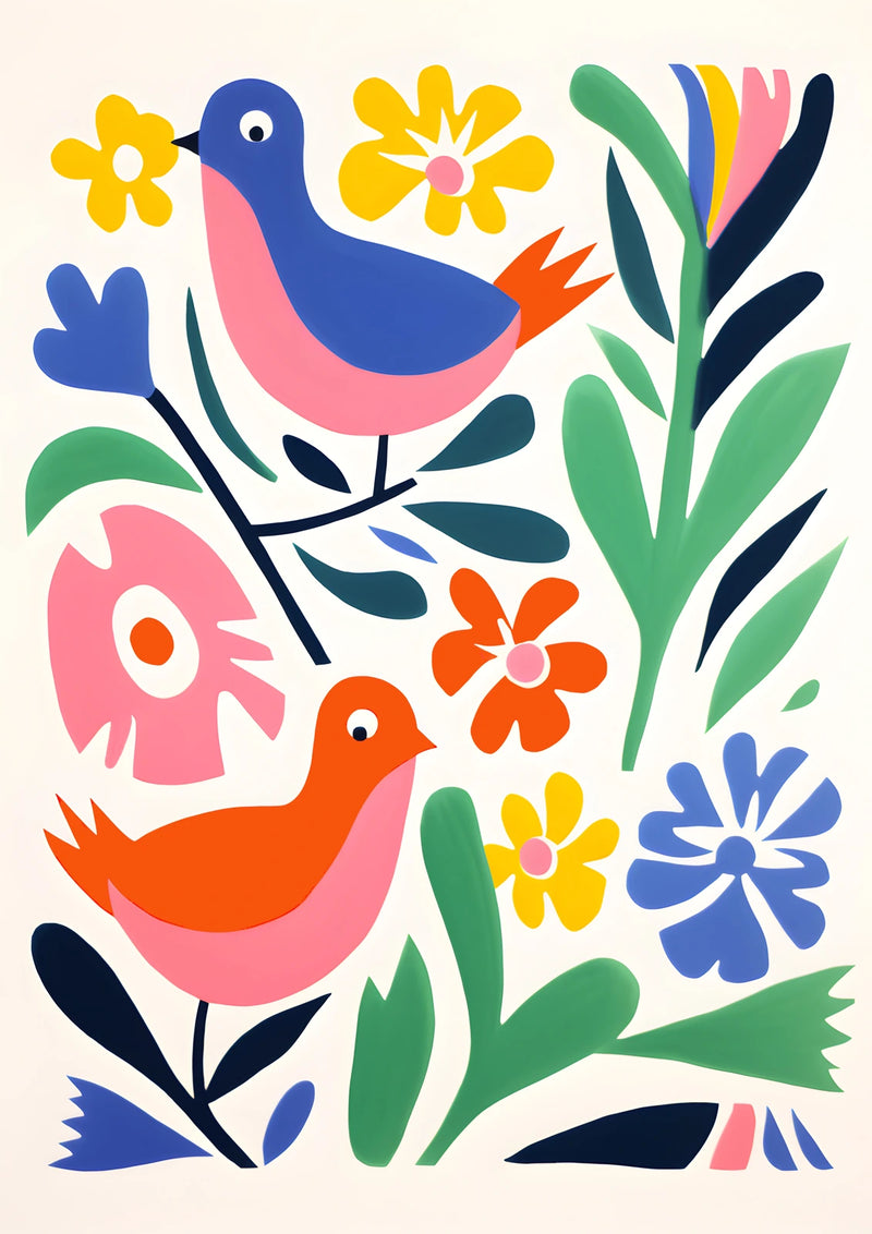 Blue and Red Folk Birds — borderless A-series artwork