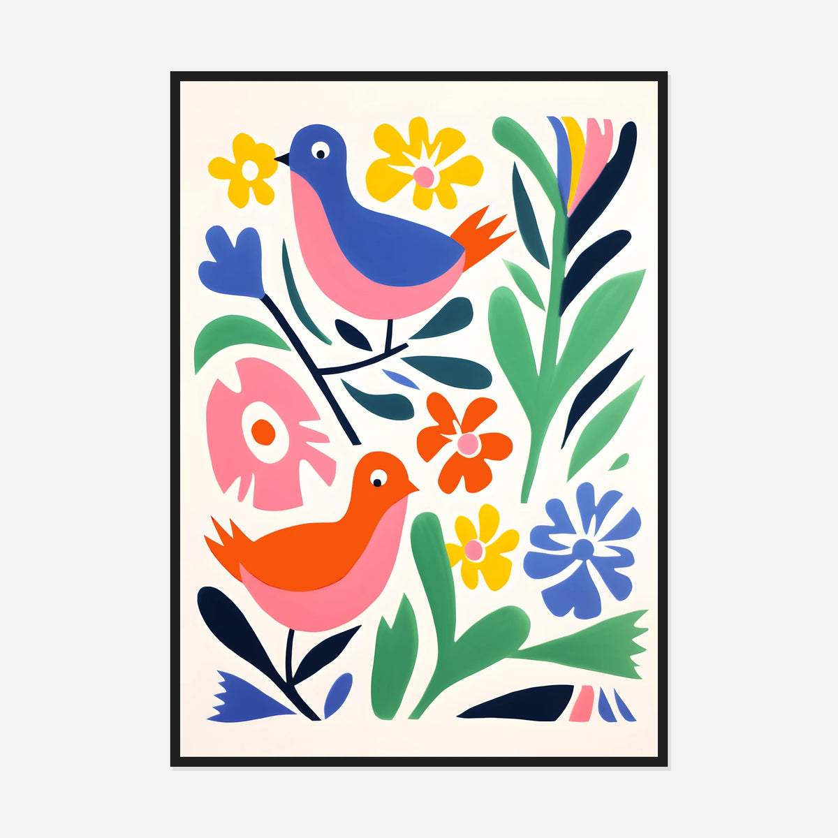 Blue and Red Folk Birds — front view in a black frame