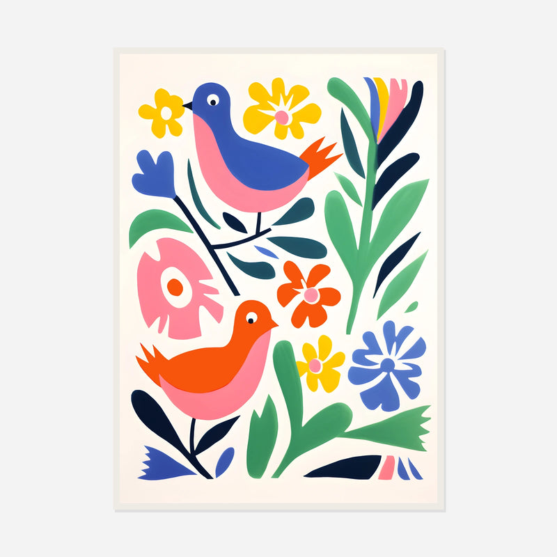Blue and Red Folk Birds — front view in a white frame
