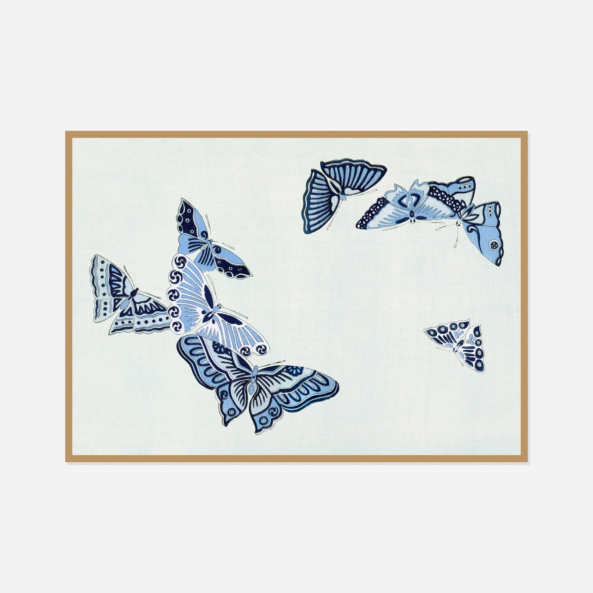 Blue Butterfly Dance — front view in a natural wood frame