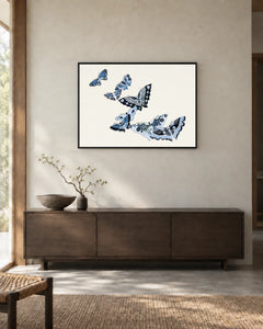 Blue Butterfly Gathering — styled room visualisation in a black frame