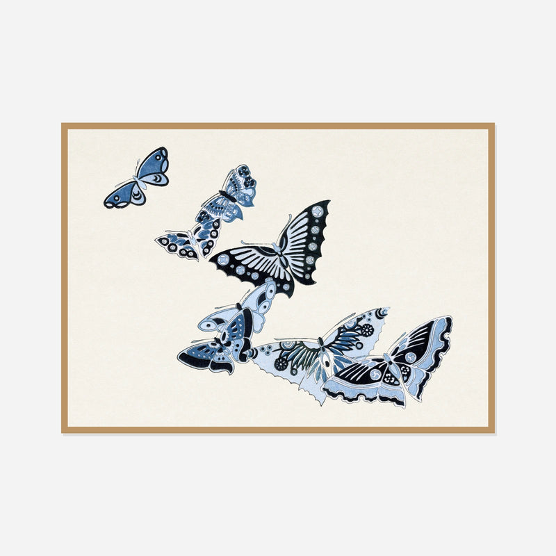 Blue Butterfly Gathering — front view in a natural wood frame