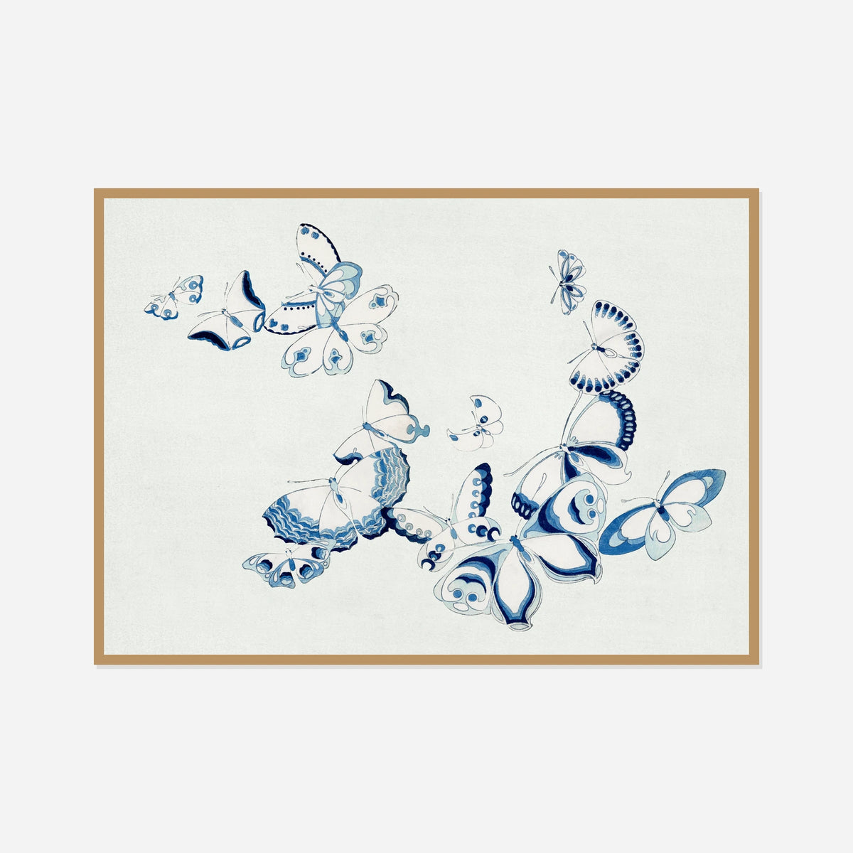 Blue Butterfly Outlines — front view in a natural wood frame