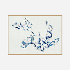 Blue Butterfly Outlines — front view in a natural wood frame