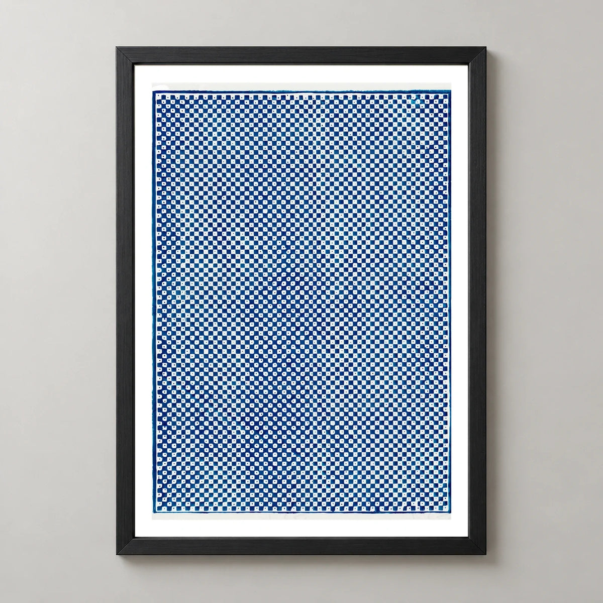Blue Checkerboard Vintage Pattern Print by Pierre-Fiacre Perdoux in a black frame, front view