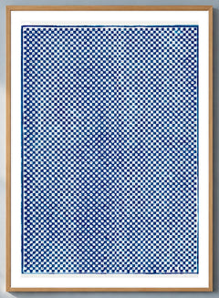 Blue Checkerboard Vintage Pattern Print by Pierre-Fiacre Perdoux in a natural wood frame; close-up of the framed artwork.