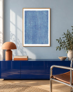 Blue Checkerboard Vintage Pattern Print by Pierre-Fiacre Perdoux in a natural wood frame; styled modern setting.
