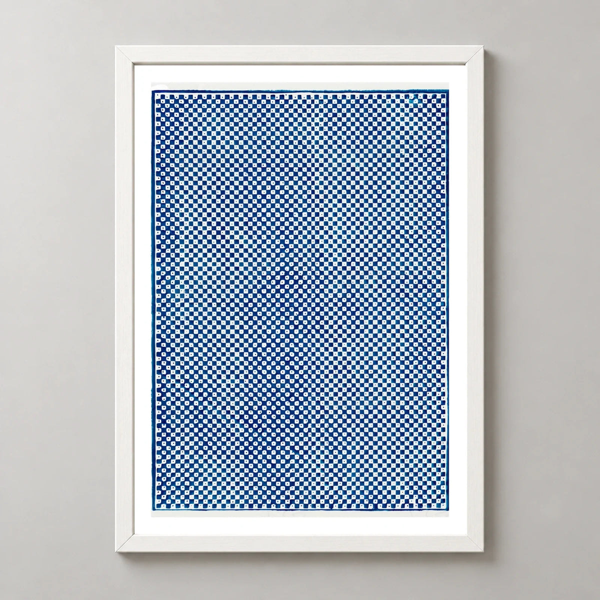 Blue Checkerboard Vintage Pattern Print by Pierre-Fiacre Perdoux in a white frame, front view