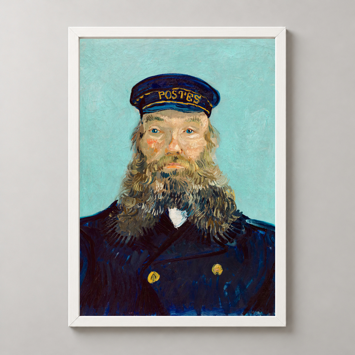 Van Gogh's Portrait of a Postman - Iconic Post-Impressionist Art Print — realistic white frame studio view