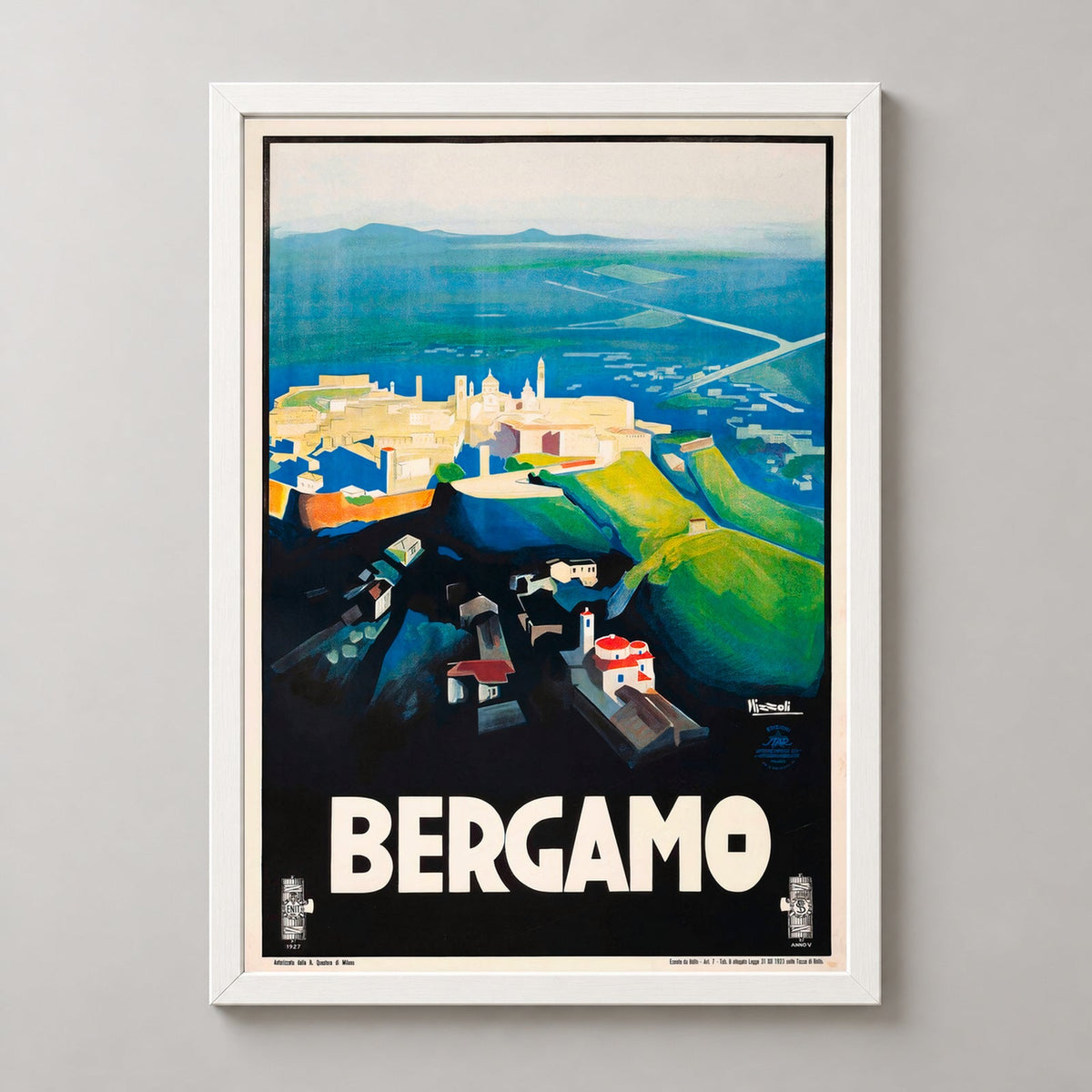 Vintage Italian Travel Poster - Bergamo Lombardy Italy — realistic white frame studio view