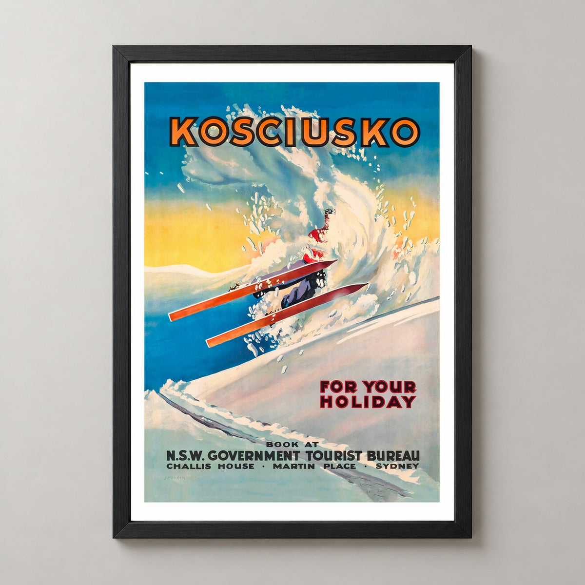 Mount Kosciuszko New South Wales Australia Vintage Ski Poster — realistic black frame studio view