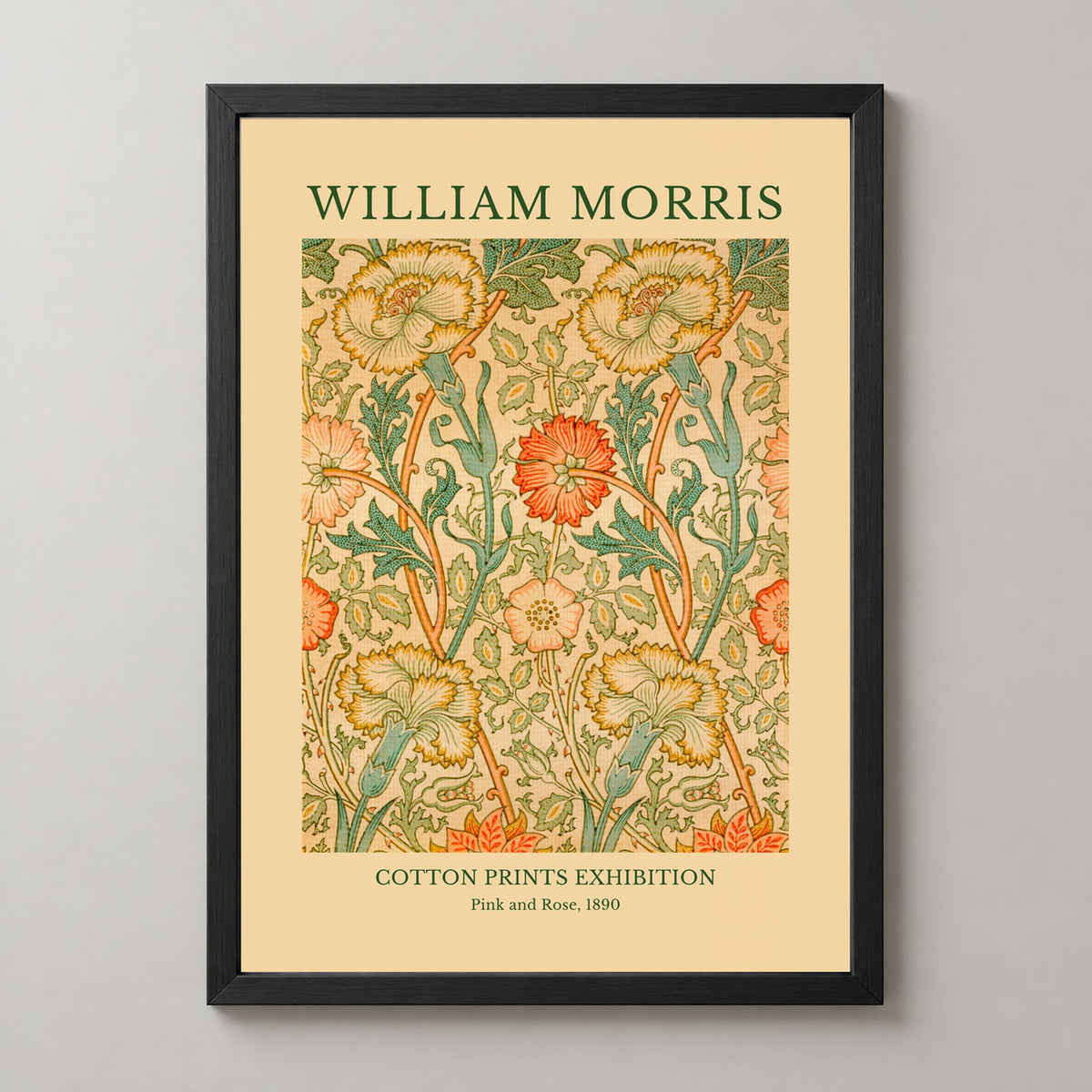 William Morris - Cotton Prints Exhibition, Pink and Rose (1890) — realistic black frame studio view