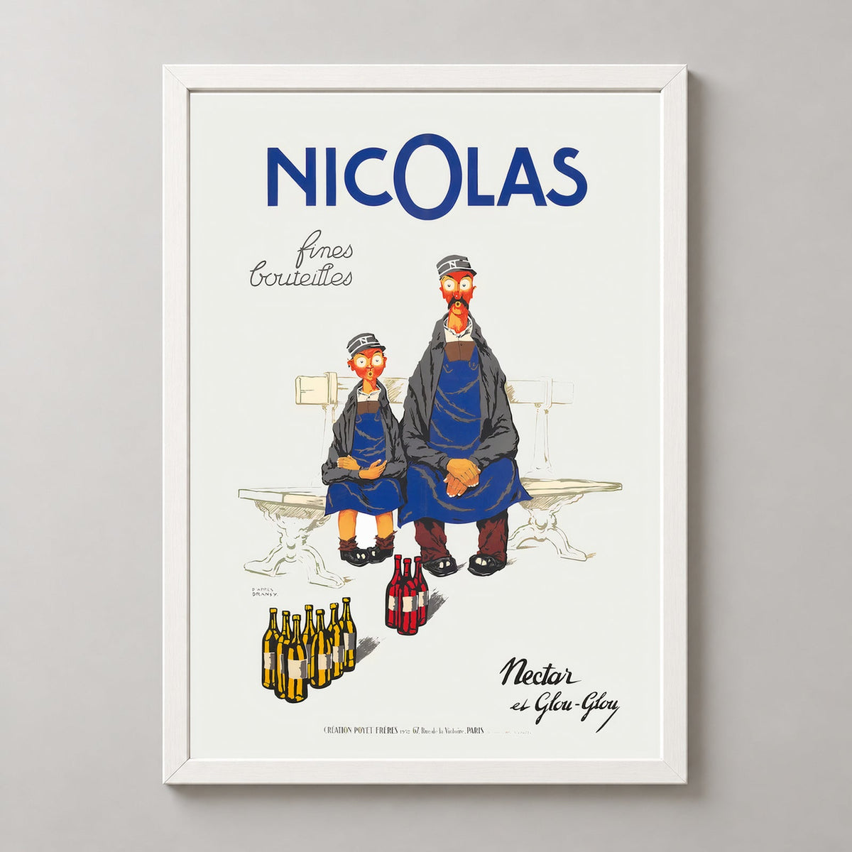 Nicolas Fine Bottles French Vintage Poster by Jules Isnard Dransy (1930) — realistic white frame studio view