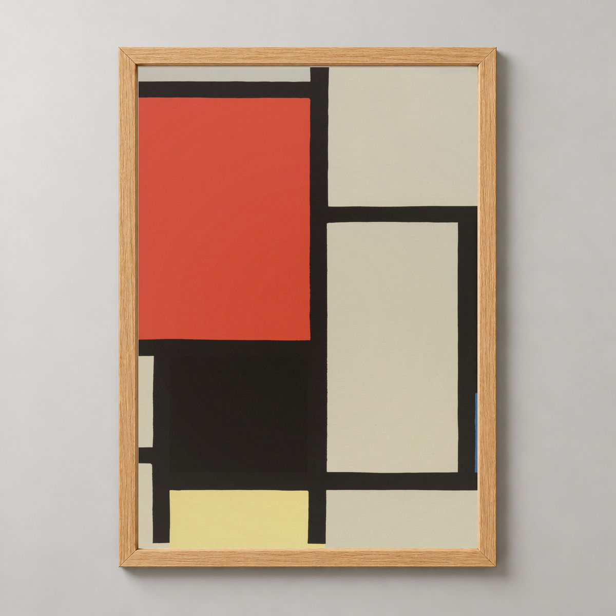 Piet Mondrian's Composition with Red, Blue, and Yellow - Abstract Art Print — realistic natural wood frame studio view