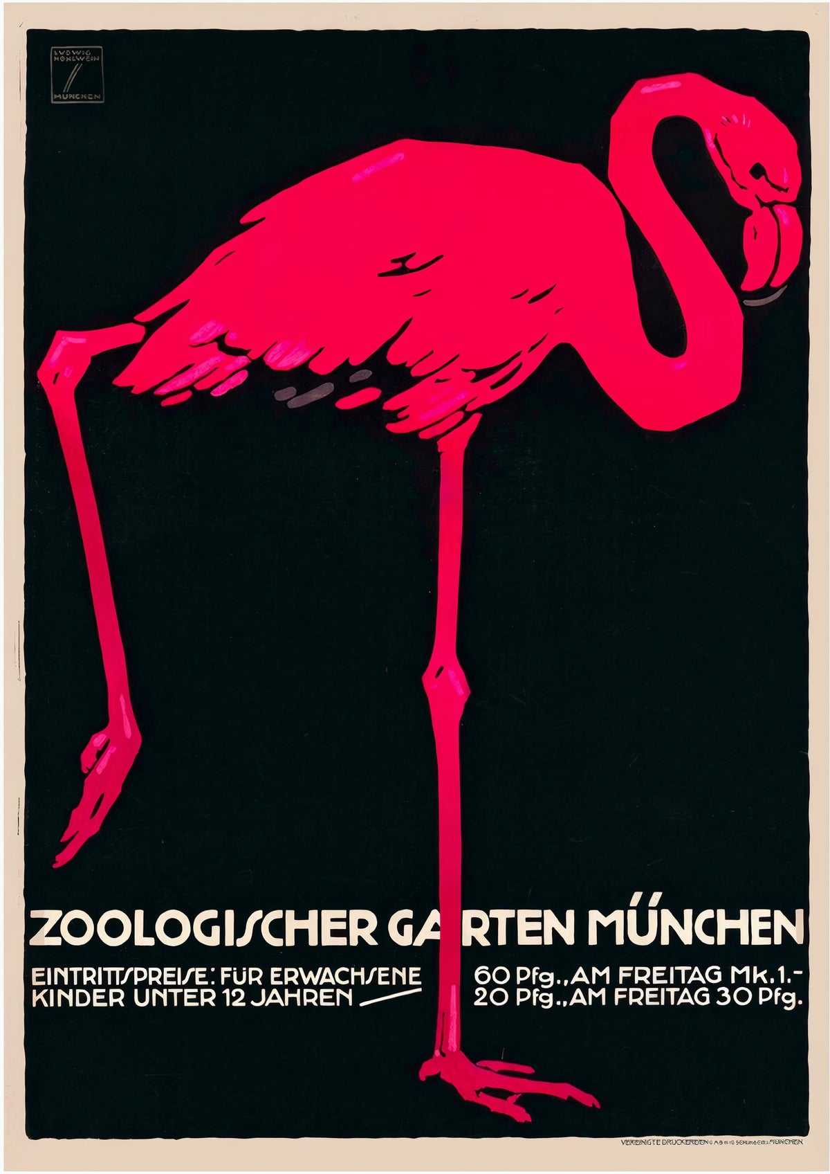 Munich Zoo Pink Flamingo Vintage Poster by Ludwig Holhwein — poster only, complete unframed artwork