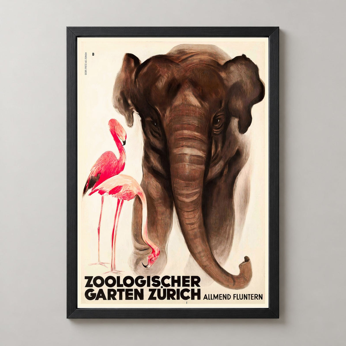 Zoological Garden Zurich Switzerland Vintage Advertising Poster — realistic black frame studio view