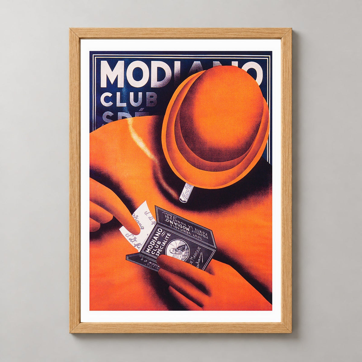 Modiano Cigarette Papers Vintage Advertising Poster — realistic natural wood frame studio view
