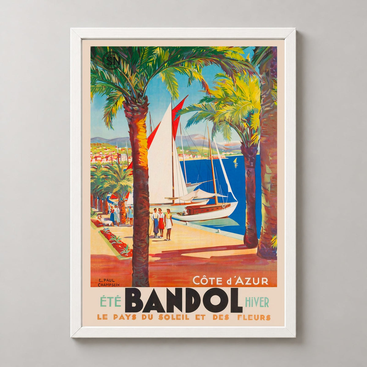 Bandol Land of Sun and Flowers Cote d'Azur French Vintage Travel Poster — realistic white frame studio view
