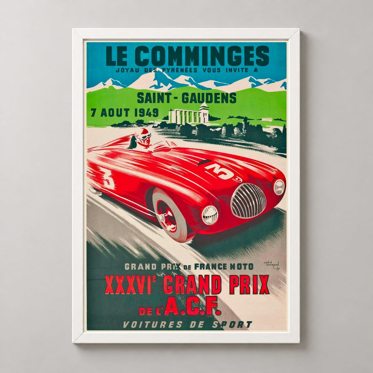 XXXVI Grand Prix of the ACF at Comminges France Vintage Racing Poster — realistic white frame studio view