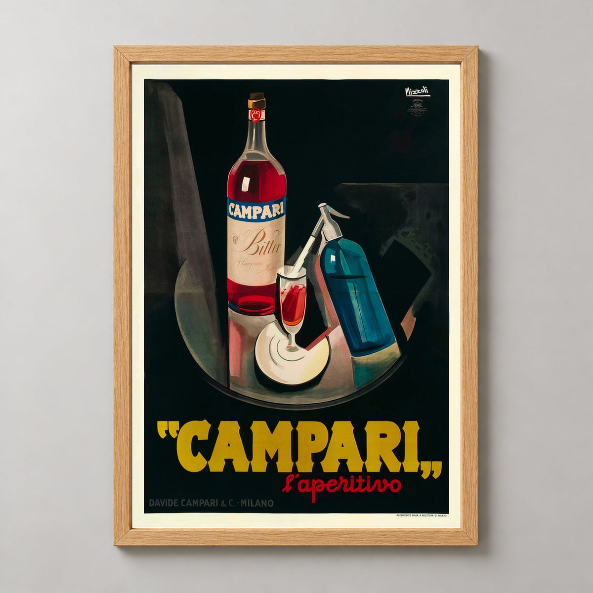 Campari L'aperitivo Vintage Advertising Poster - Framed/Unframed — realistic natural wood frame studio view